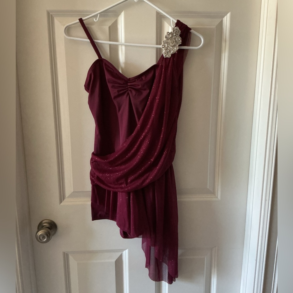 Balera Burgundy Asymmetrical Biketard Glitter Mesh Dance Costume - Adult Medium